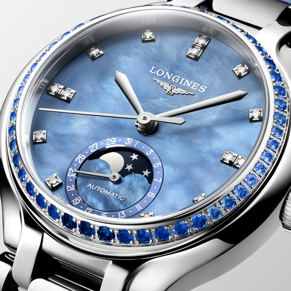 Longines PrimaLuna 34mm Blue MOP Diamond Dot Dial Moonphase Ladies Automatic Watch L8.126.0.97.2
