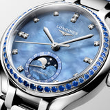 Longines PrimaLuna 34mm Blue MOP Diamond Dot Dial Moonphase Ladies Automatic Watch L8.126.0.97.2