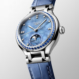Longines PrimaLuna 34mm Blue MOP Diamond Dot Dial Moonphase Ladies Automatic Watch L8.126.0.97.2