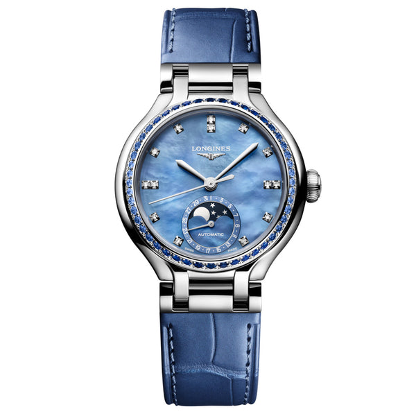 Longines PrimaLuna 34mm Blue MOP Diamond Dot Dial Moonphase Ladies Automatic Watch L8.126.0.97.2