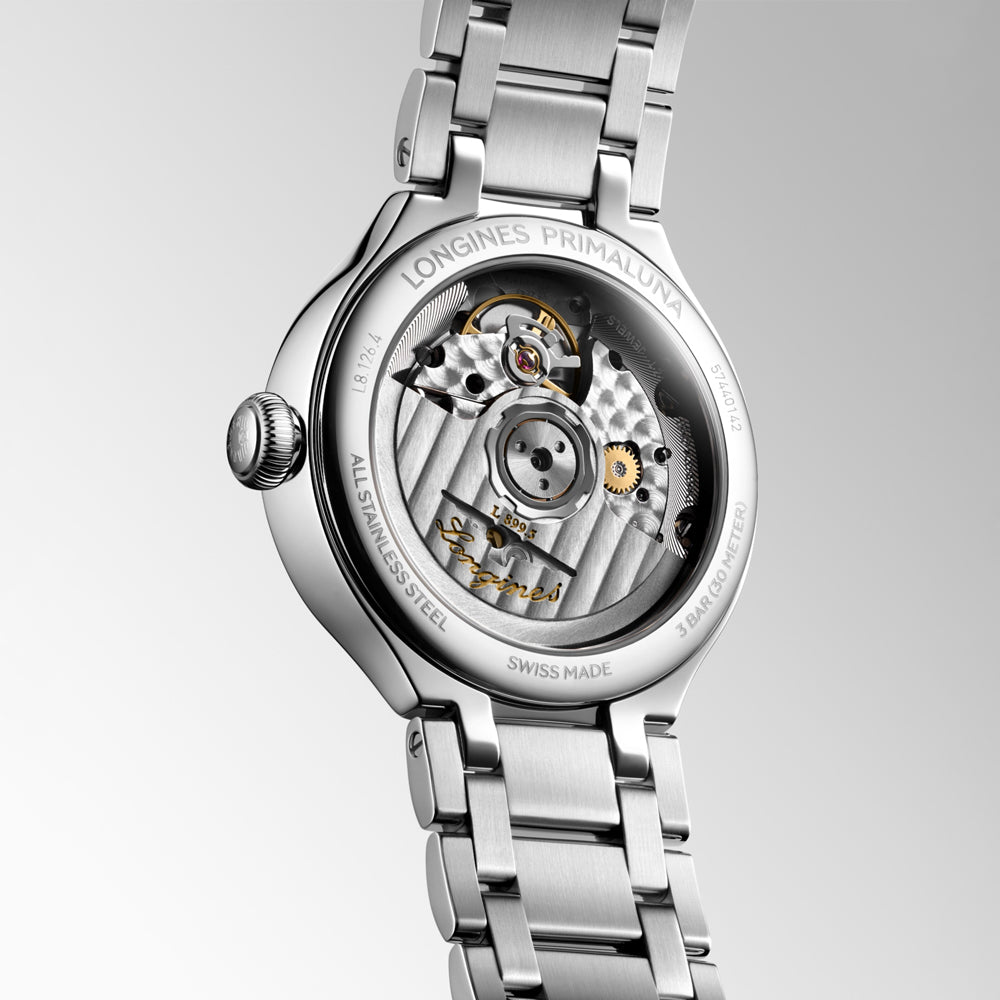 Longines PrimaLuna 34mm MOP Diamond Dot Dial Moonphase Ladies Automatic Watch L8.126.4.87.6