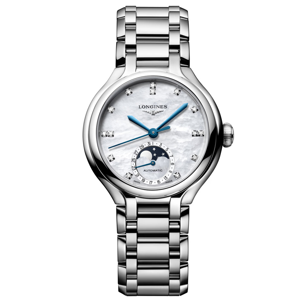 Longines PrimaLuna 34mm MOP Diamond Dot Dial Moonphase Ladies Automatic Watch L8.126.4.87.6