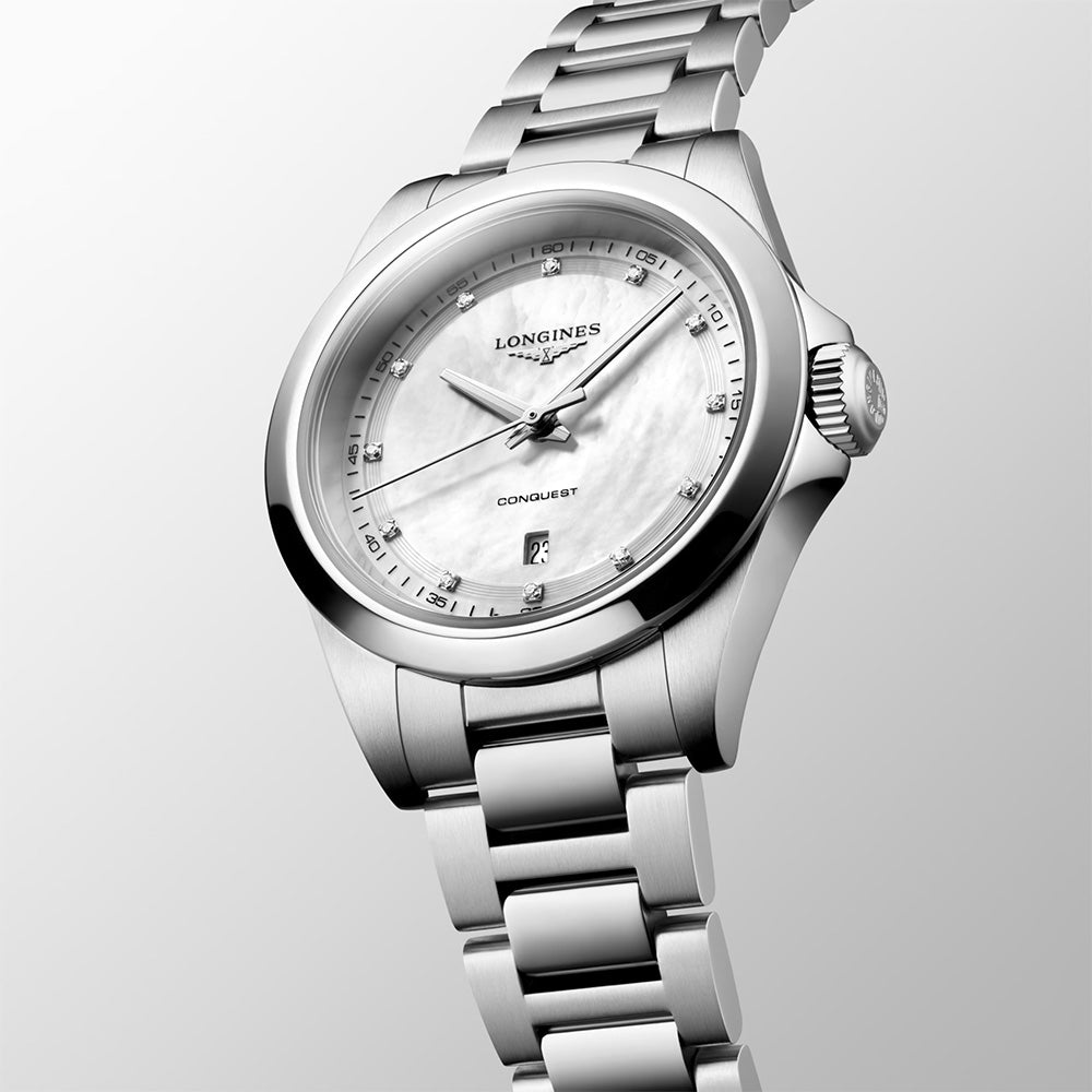 Longines Conquest 30mm MOP Diamond Dot Dial Ladies Quartz Watch L3.350.4.87.6