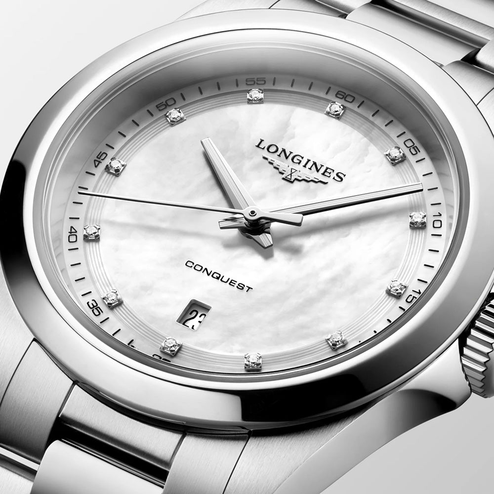 Longines Conquest 30mm MOP Diamond Dot Dial Ladies Quartz Watch L3.350.4.87.6