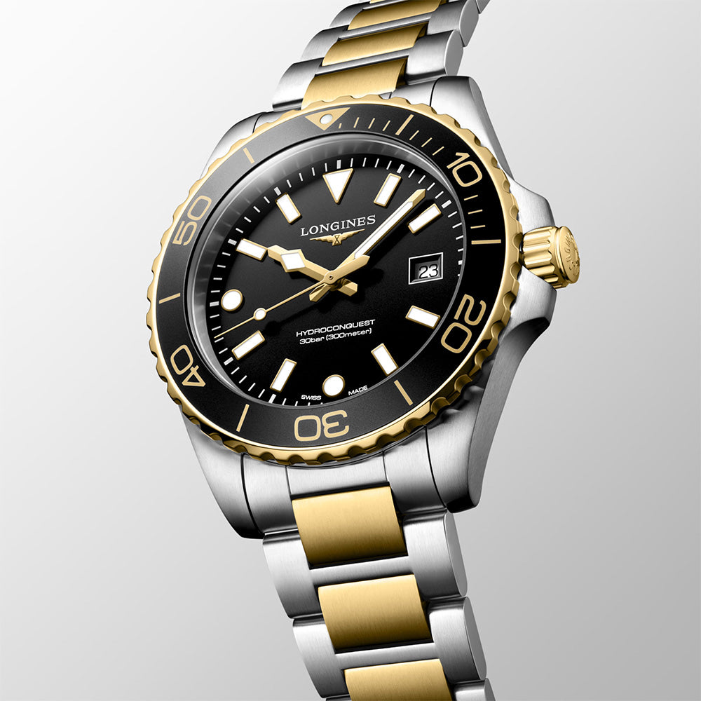 Longines HydroConquest 42mm Black Dial Steel and Yellow Gold PVD Gents Quartz Watch L37693567