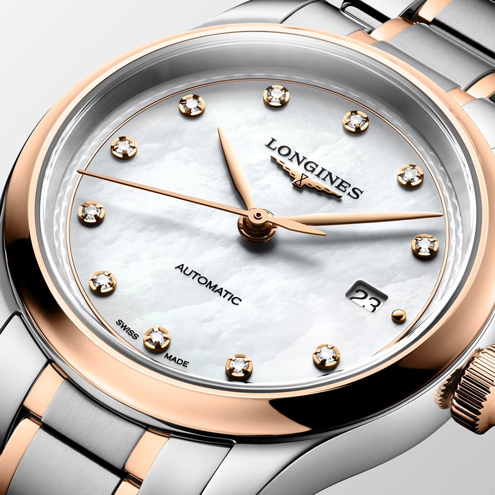 Longines Conquest 30mm MOP Diamond Dot Dial Steel and 18ct Pink Gold Cap Automatic Ladies Watch L24495897