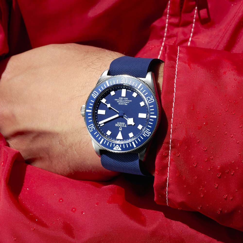 tudor pelagos fxd 42mm blue dial automatic titanium on rubber strap watch lifestyle image