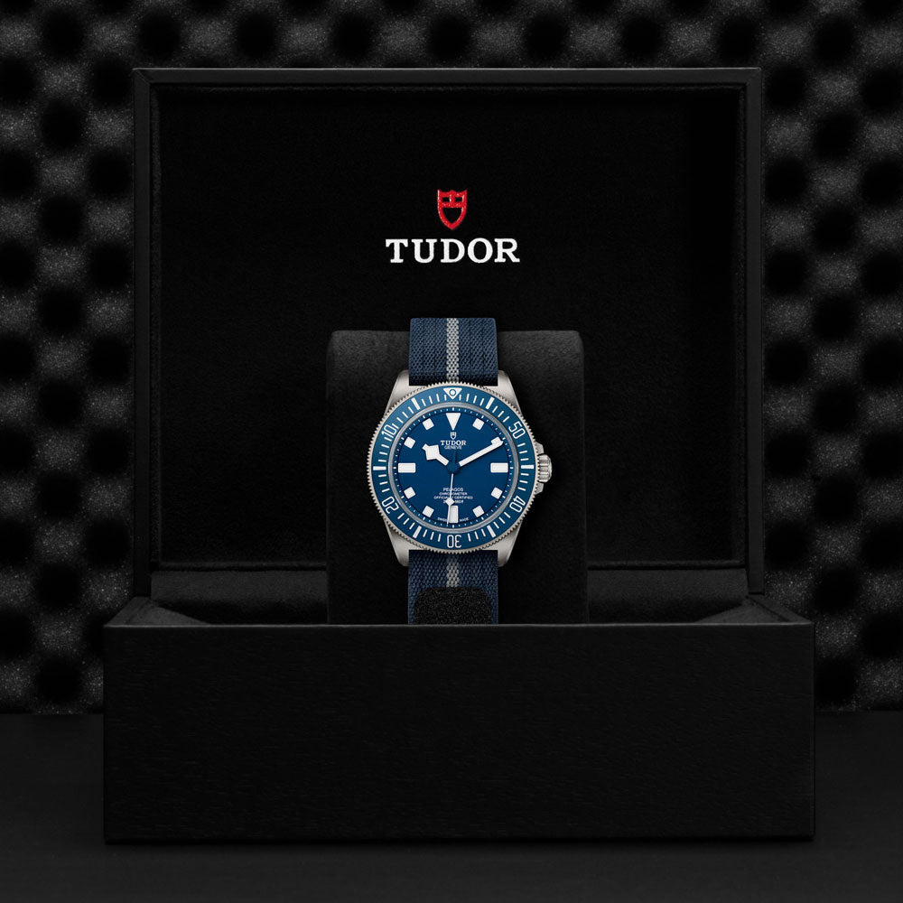 tudor pelagos fxd 42mm blue dial automatic titanium on fabric strap watch in a presentation box