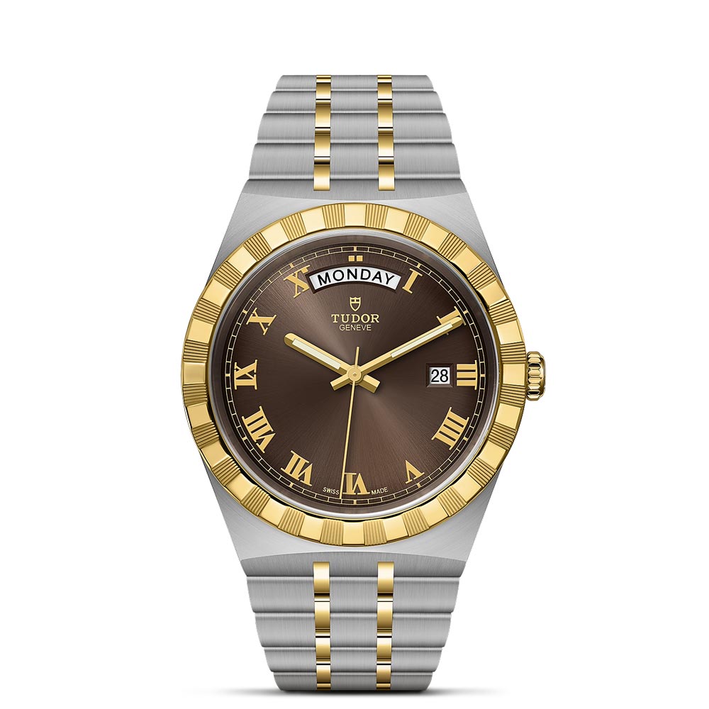 tudor royal 41mm chocolate brown dial steel & gold watch