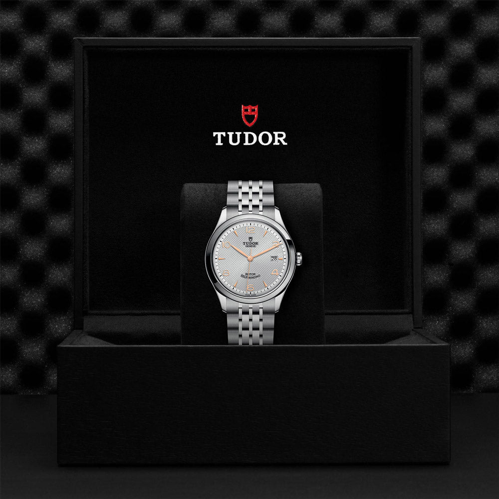 tudor 1926 39mm silver dial watch in presentation box shot