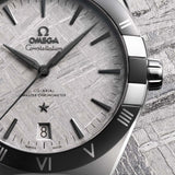 omega constellation 41mm grey dial steel on steel bracelet gents watch showing dial and bezel closeup