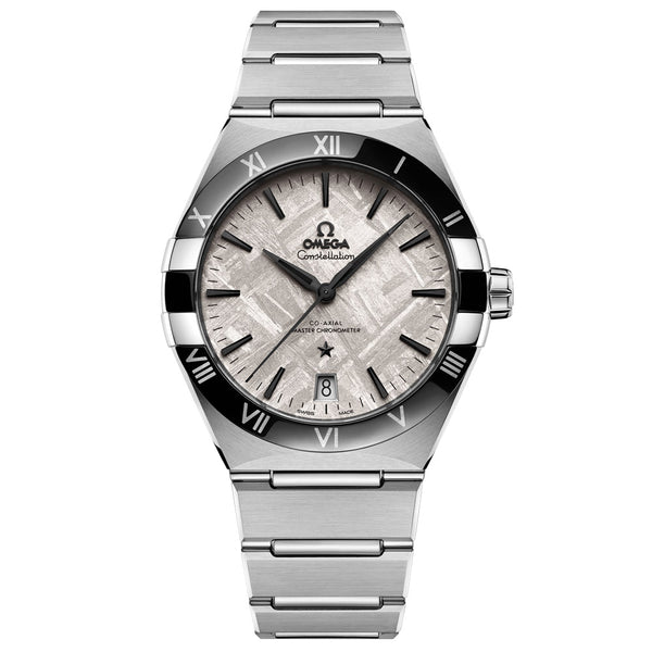 omega constellation 41mm grey dial steel on steel bracelet gents watch front facing upright image