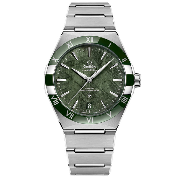 omega constellation 41mm green dial steel on steel bracelet gents watch front facing upright image
