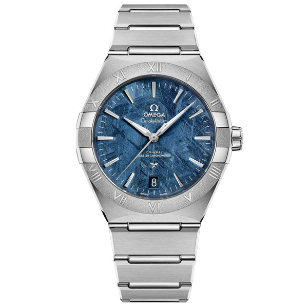 omega constellation 41mm blue dial steel on steel bracelet automatic gents watch front facing upright image