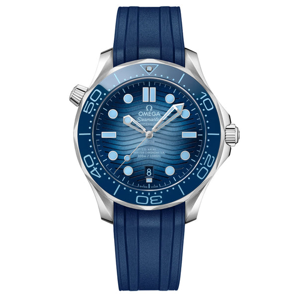 omega seamaster diver 300m co axial master chronometer 42mm summer blue dial watch on a blue rubber strap front facing upright image