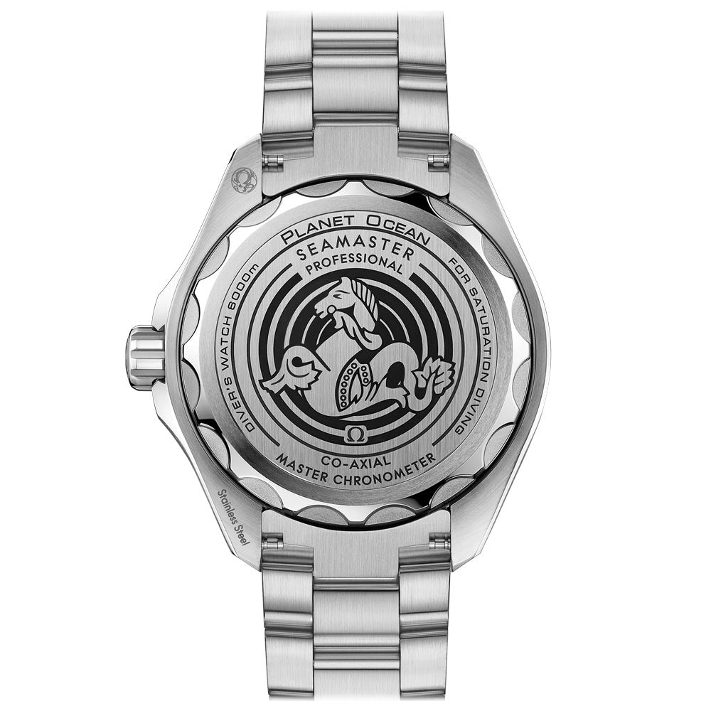 omega seamaster planet ocean 6000m 45.5mm blue dial automatic gents watch case back view