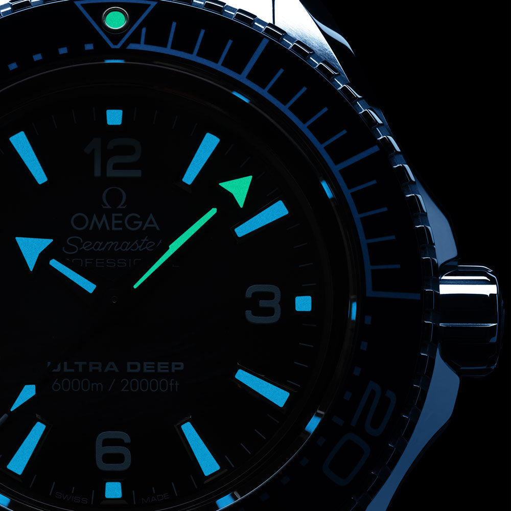 omega seamaster planet ocean 6000m blue dial o-megasteel on o-megasteel bracelet deep diving automatic gents watch lifestyle image
