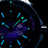 omega seamaster planet ocean 6000m blue dial o-megasteel on o-megasteel bracelet deep diving automatic gents watch showing phrase omega was here 10935m under uv light