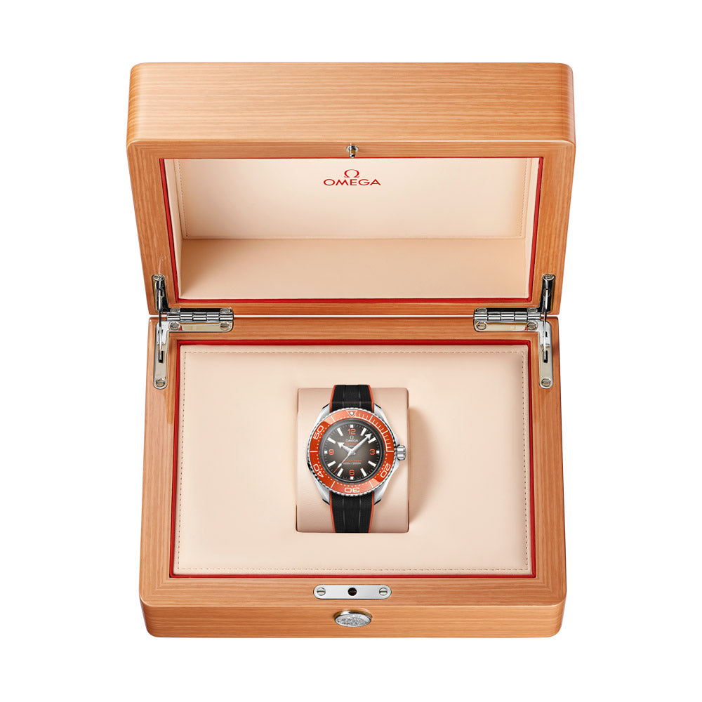 omega seamaster planet ocean 6000m 45.5mm grey dial o-megasteel on rubber strap automatic watch in a presentation box