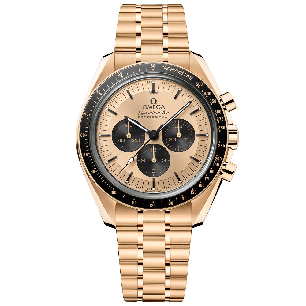 omega speedmaster moonwatch professional chronograph 42mm yellow dial 18ct yellow gold manual wound gents watch