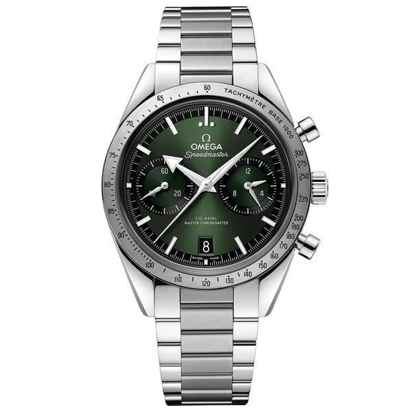 omega speedmaster 57 chronograph 40.5mm green dial manual wound gents watch