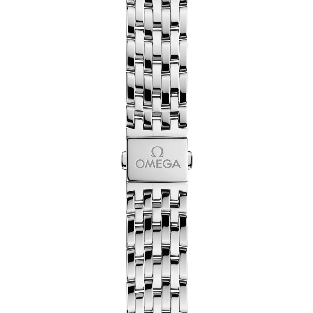 omega de ville prestige 41mm pink dial automatic steel on steel bracelet showing deployment buckle