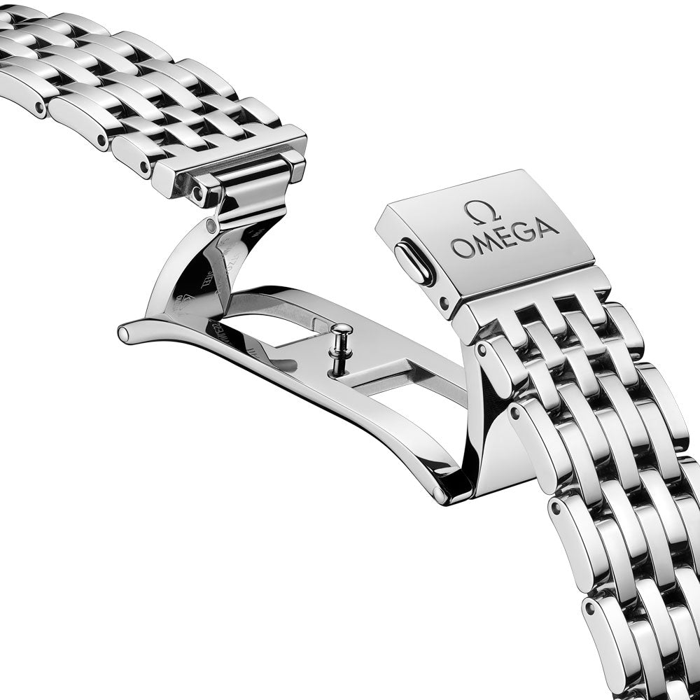 omega de ville prestige 41mm pink dial automatic steel on steel bracelet gents watch showing deployment buckle