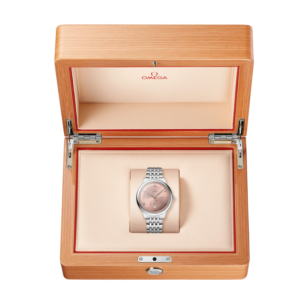 omega de ville prestige 41mm pink dial automatic steel on steel bracelet gents watch in a presentation box