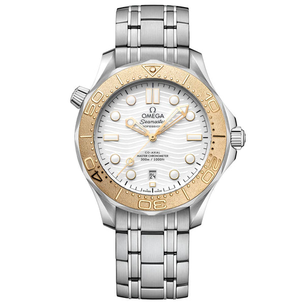 omega seamaster diver 300m paris olympics 2024 edition 42mm white dial automatic 18ct yellow gold and steel on steel bracelet gents watch front facing upright image