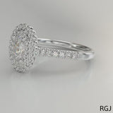The Faroe Duo Platinum 0.63ct Oval Cut Diamond Engagement Ring With 0.41ct Scalloped Double Diamond Halo And Diamond Set Shoulders