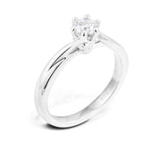 The Rona Six Claw Platinum Round Brilliant Cut Diamond Solitaire Twist Engagement Ring With Diamond Detailing