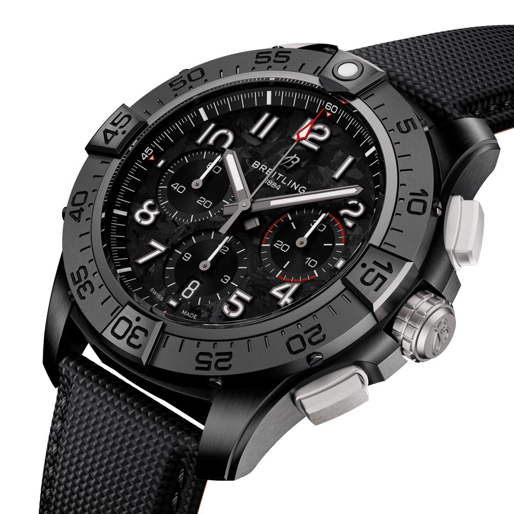 breitling avenger b01 chronograph 44mm night mission black dial black ceramic automatic gents watch front side facing image