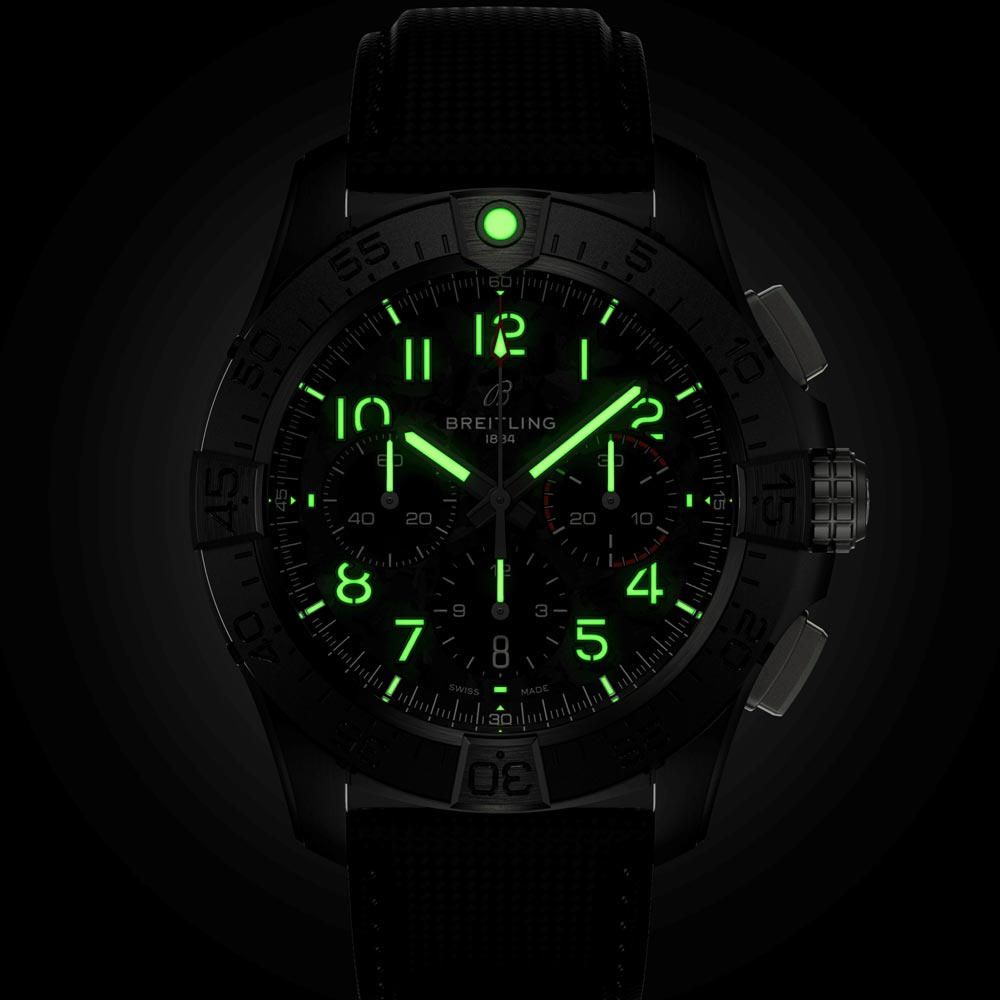 breitling avenger b01 chronograph 44mm night mission black dial black ceramic automatic gents watch in the dark image