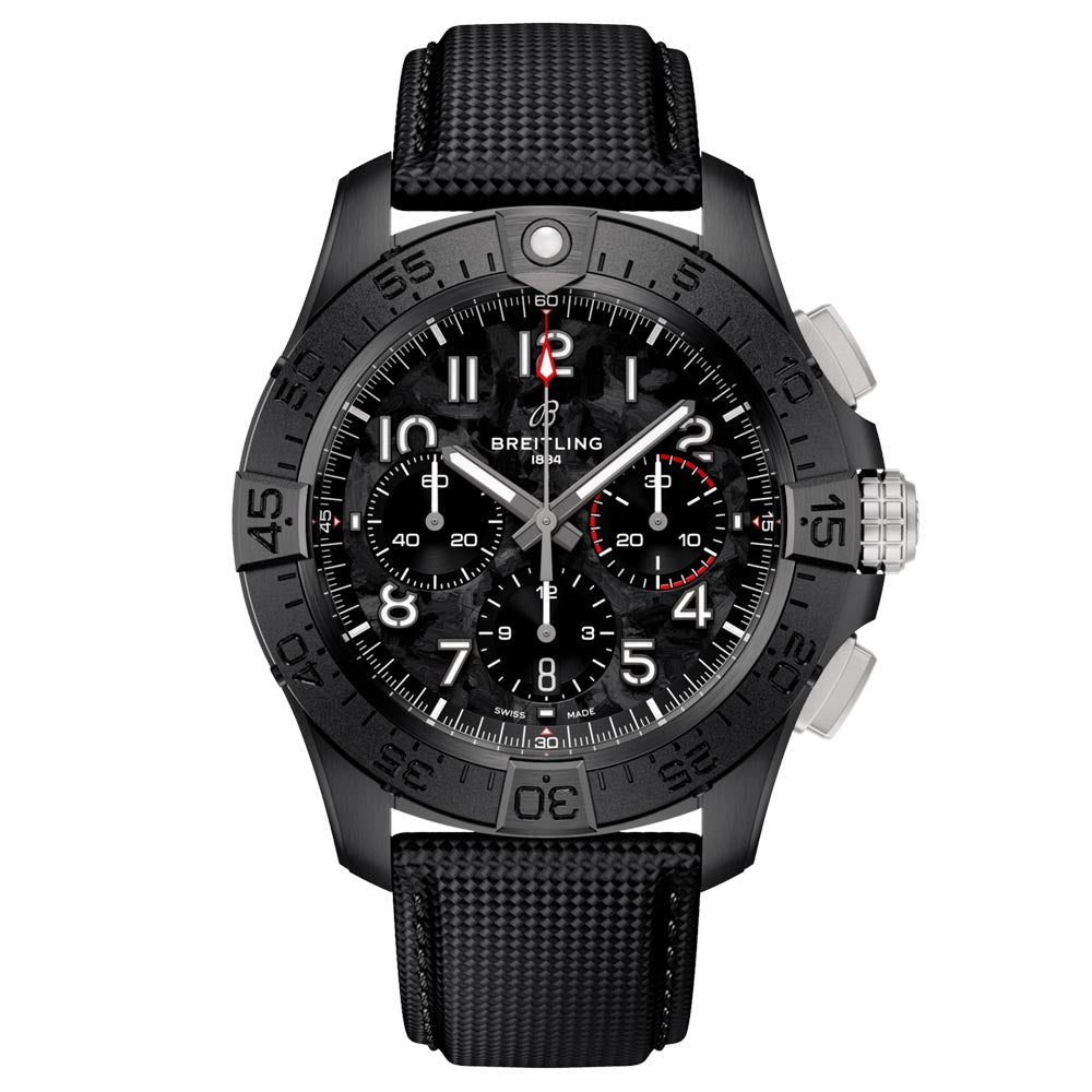 breitling avenger b01 chronograph 44mm night mission black dial black ceramic automatic gents watch front facing upright image