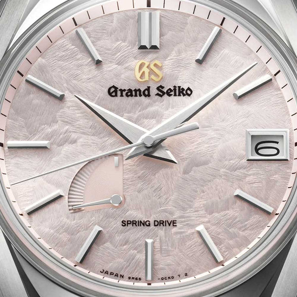 grand seiko heritage collection the shunbun spring cherry blossom spring drive 40mm pink dial titanium gents watch dial close up