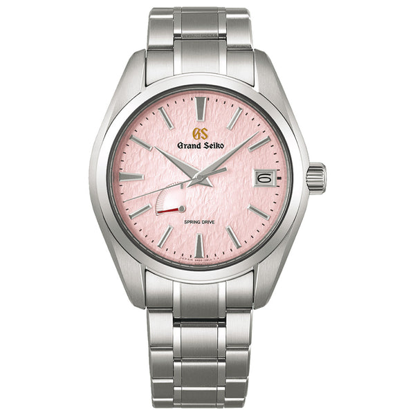 grand seiko pink snowflake spring drive 20th anniversary limited edition 41mm pink dial steel on steel bracelet automatic watch front facing upright image