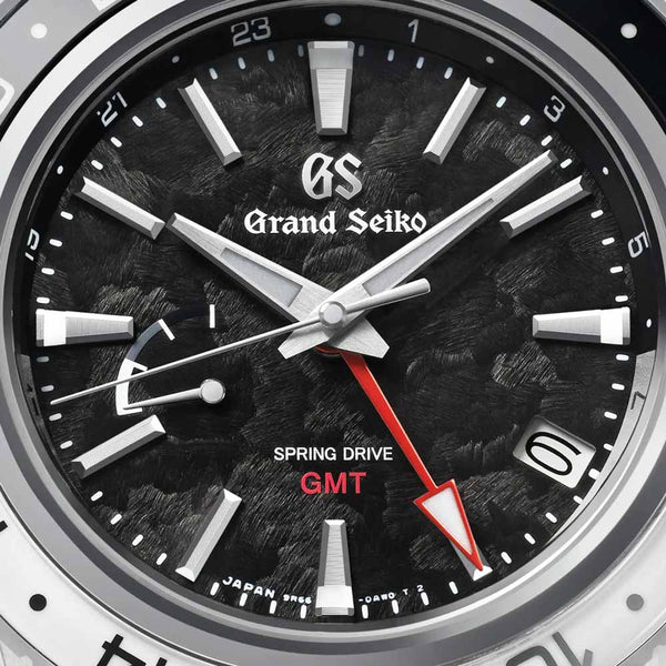 grand seiko sports collection hotaka peaks spring drive gmt 44mm black dial gents watch dial close up