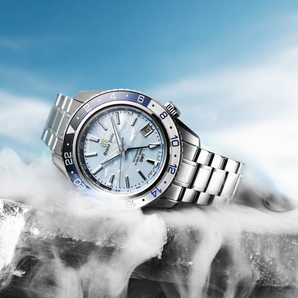 grand seiko unkai sea of clouds hi-beat gmt limited edition 40mm sky blue dial automatic watch on a steel bracelet lifestyle image