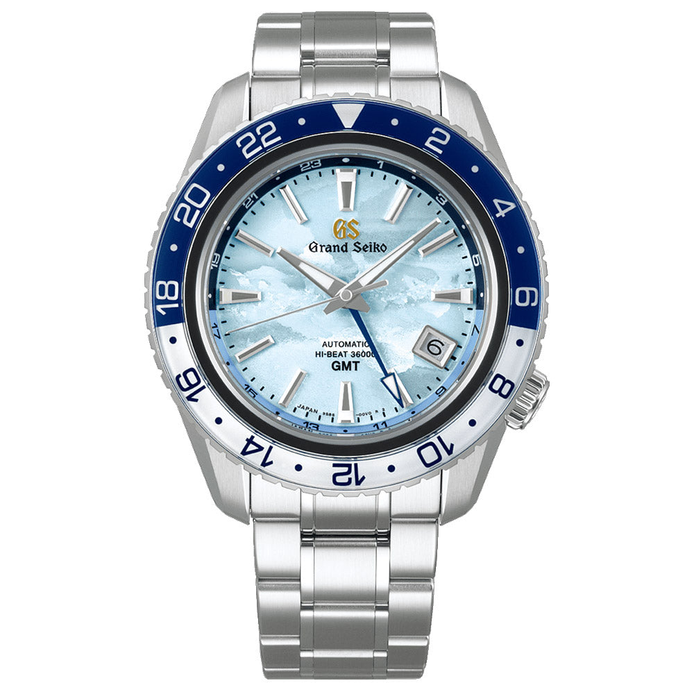 grand seiko unkai sea of clouds hi-beat gmt limited edition 40mm sky blue dial automatic watch on a steel bracelet front facing upright image
