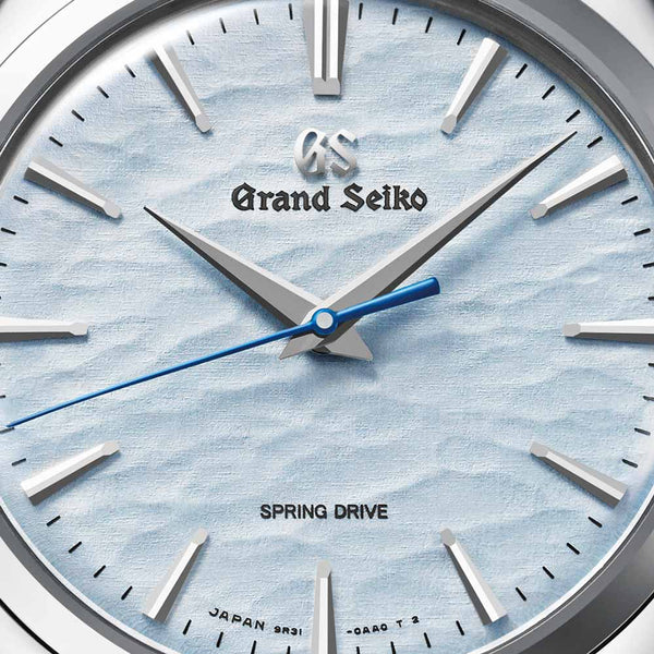 grand seiko elegance collection spring drive manual wound omiwatari 38.5mm blue dial gents watch dial close up