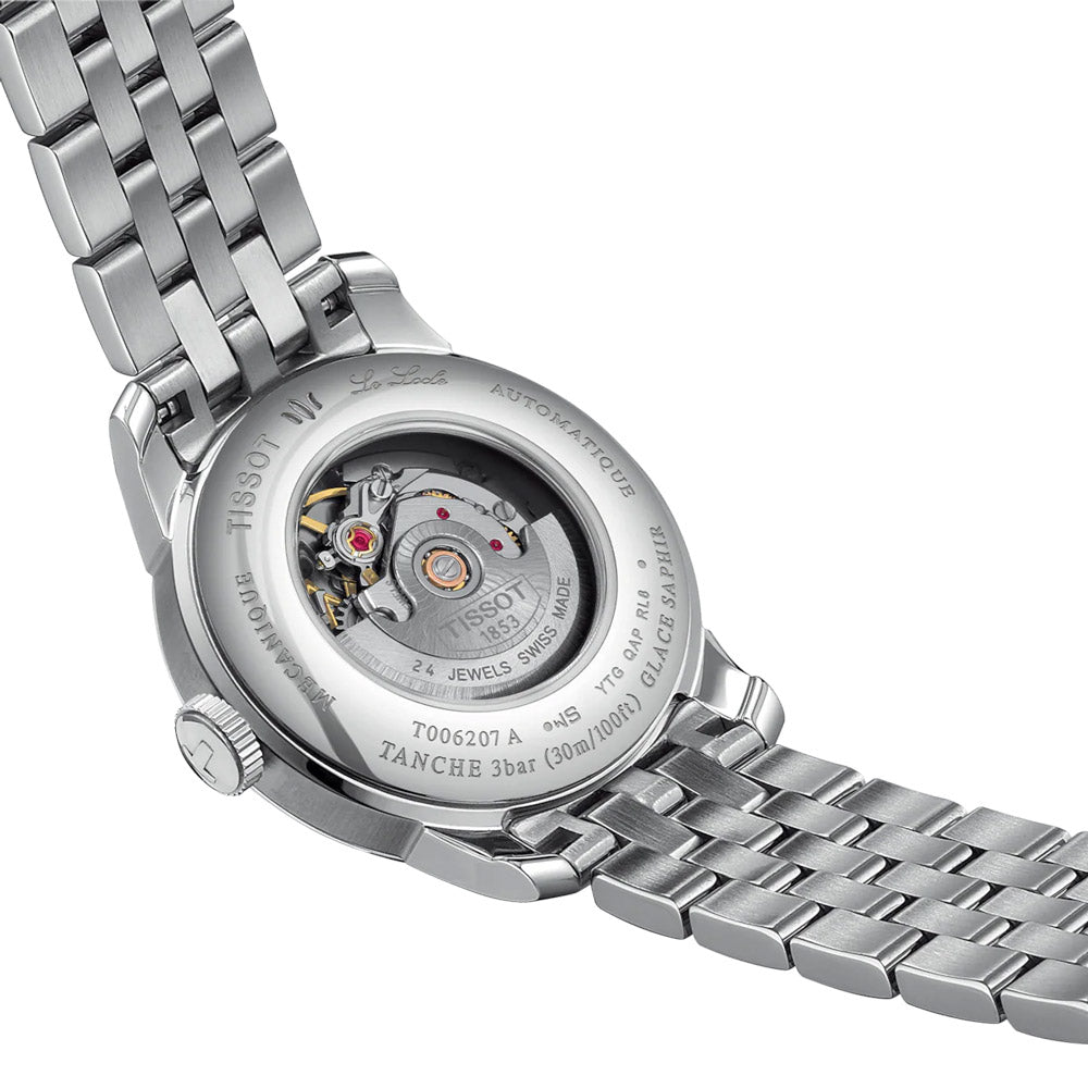tissot le locle automatic lady 20th anniversary 29mm silver diamond dot dial stainless steel watch on metal bracelet showing its transparent caseback