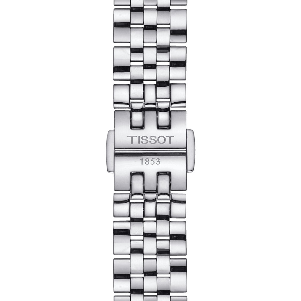tissot le locle automatic lady 20th anniversary 29mm silver diamond dot dial stainless steel watch on metal bracelet showing its butterfly clasp