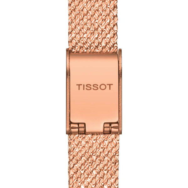 tissot t-lady lovely 20mm cream dial rose gold pvd steel diamond watch clasp view