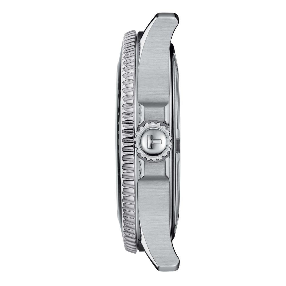 tissot t-sport seastar 1000 black dial 36mm watch case side view of crown