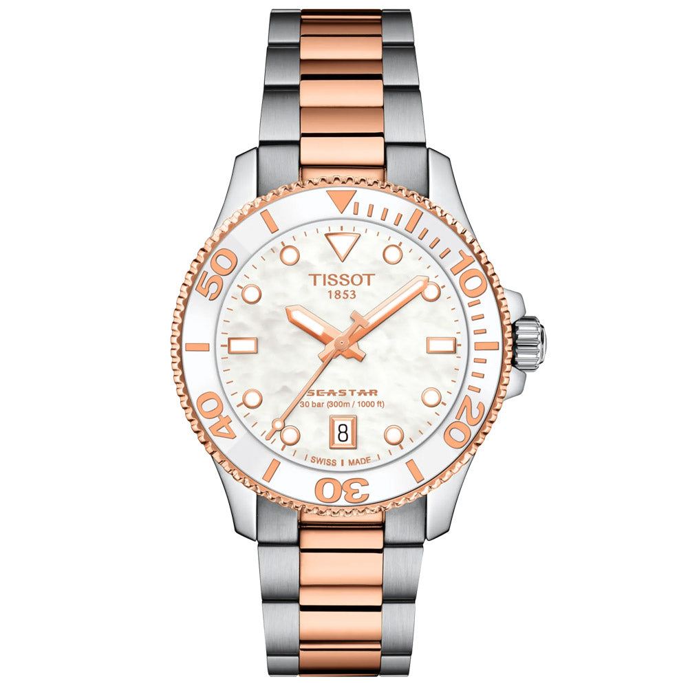 Tissot Seastar 1000 MOP Dial 36mm Rose Gold PVD Steel Quartz Watch T1202102211100