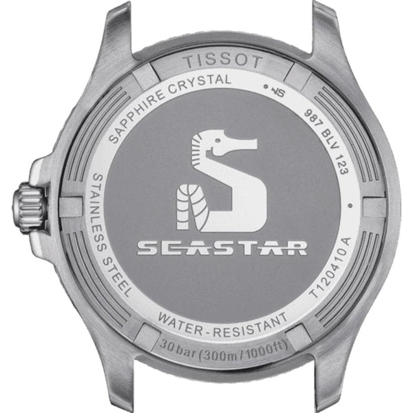 tissot t-sport seastar 1000 black dial 40mm stainless steel watch case back view