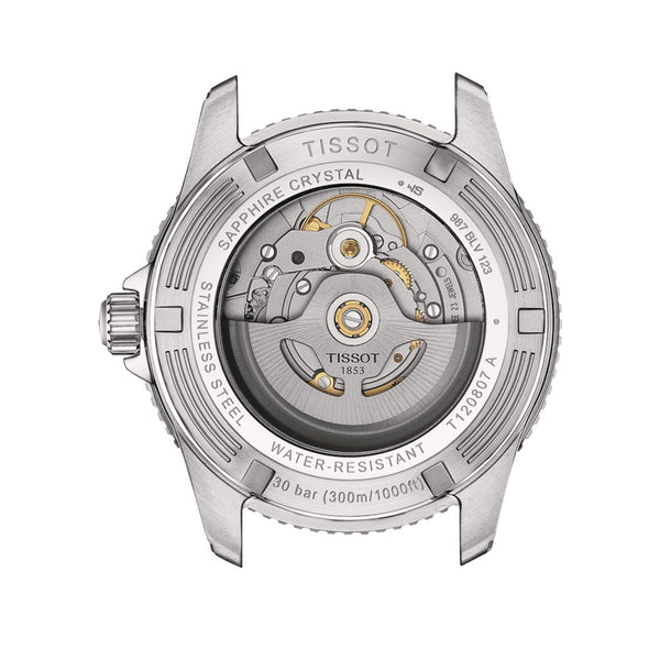tissot seastar 1000 powermatic 80 graded grey black dial 40mm steel on steel bracelet diving automatic gents watch showing transparent caseback