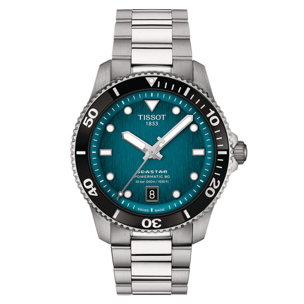 tissot seastar 1000 powermatic 80 graded turquoise black dial 40mm steel on steel bracelet diving automatic gents watch front facing upright image