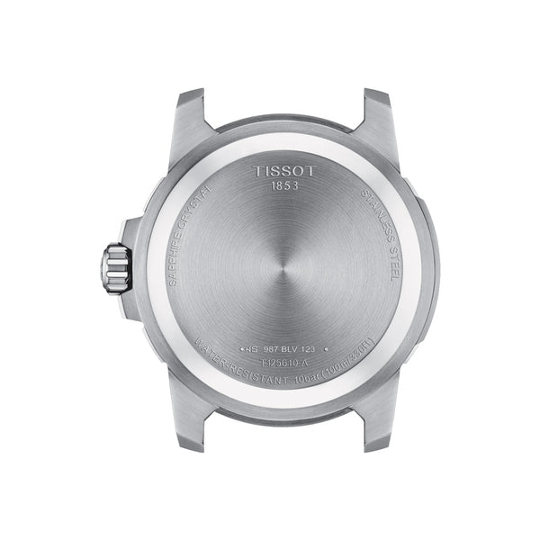 tissot supersport 44mm black dial steel on rubber strap quartz gents watch showing its caseback