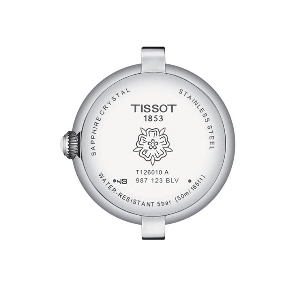 tissot bellissima mother of pearl dial 26mm steel on green leather strap quartz ladies watch showing its steel caseback